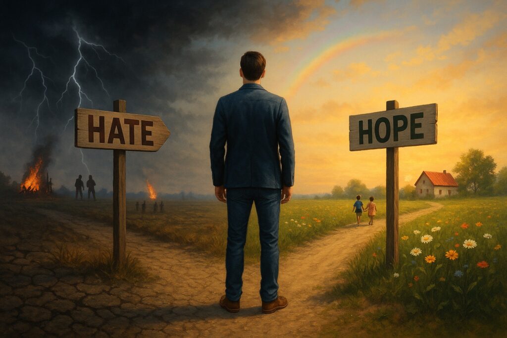 Man trying to choose between a path of hope versus a path of hate.